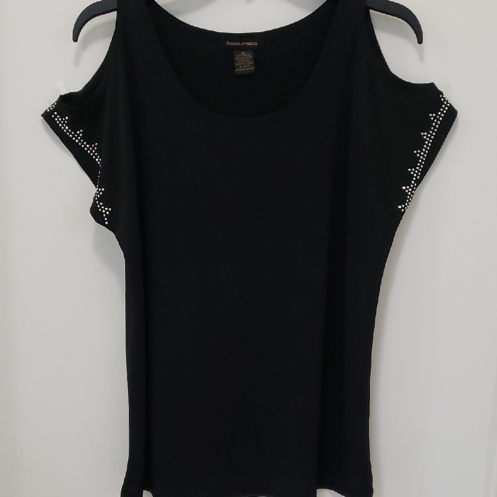 〰️Susan Lawrence〰️ Cold Shoulder Rhinestone Embelished Short Sleeve Blouse XL